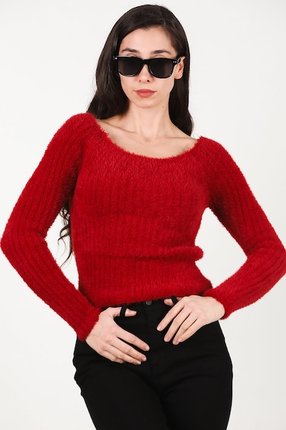 Kadın Kayık Yaka Sakallı Triko Kazak 