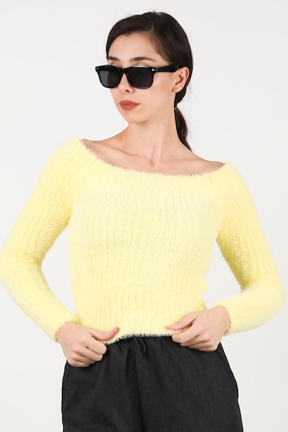 Kadın Kayık Yaka Sakallı Triko Kazak 