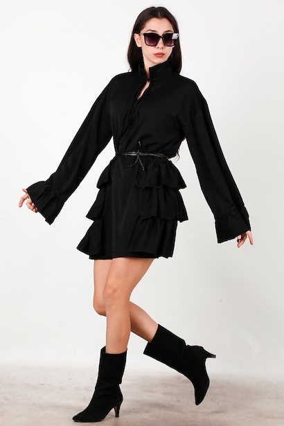 Kadın Yan Ve Kol Ucu Fırfırlı Elbise  Siyah 6