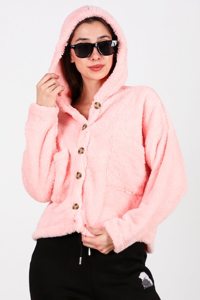 Kadın Kısa Kapşonlu Düğmeli Peluş Ceket 