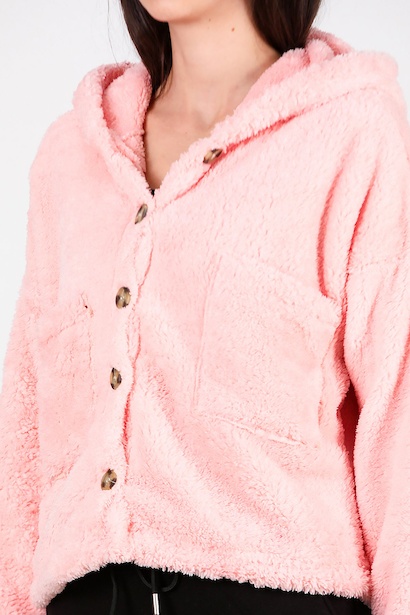 Kadın Kısa Kapşonlu Düğmeli Peluş Ceket  Pudra 9
