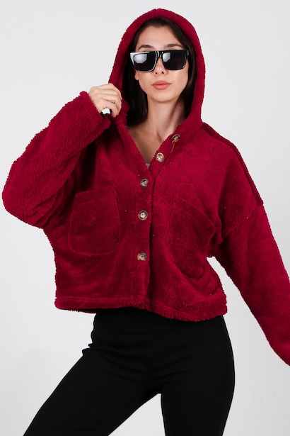Kadın Kısa Kapşonlu Düğmeli Peluş Ceket 