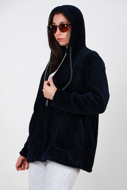 Kadın Kapşonlu Fermuarlı Peluş Ceket  Lacivert 6