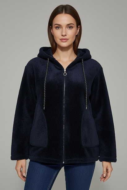 Büyük Beden Kapşonlu Fermuarlı Peluş Ceket 