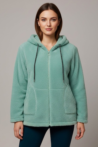 Büyük Beden Kapşonlu Fermuarlı Peluş Ceket 