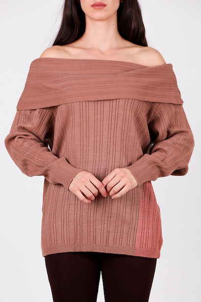 Kadın Madonna Yaka Triko Bluz  Gül Kurusu 6