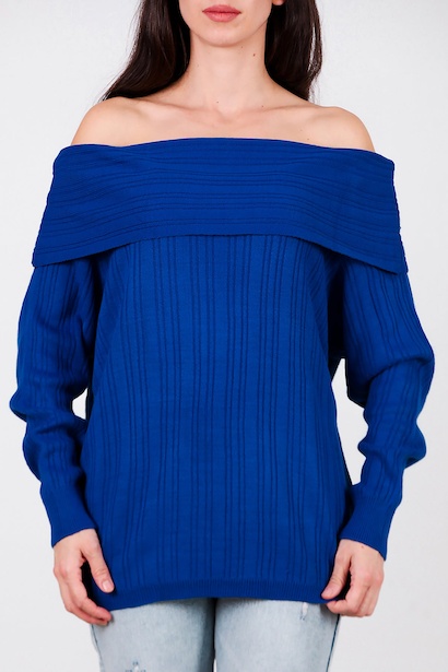 Kadın Madonna Yaka Triko Bluz  Saks 6