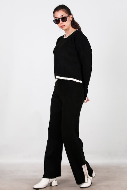 Kadın Garnili Paça Fermuarlı Triko Takım  Siyah 6