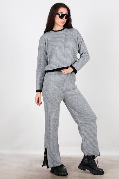 Kadın Garnili Paça Fermuarlı Triko Takım  Antrasit 6