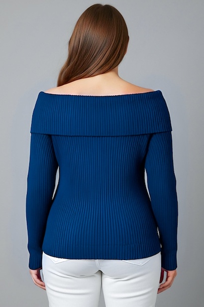 Büyük Beden Madonna Yaka Triko Bluz  Saks 2