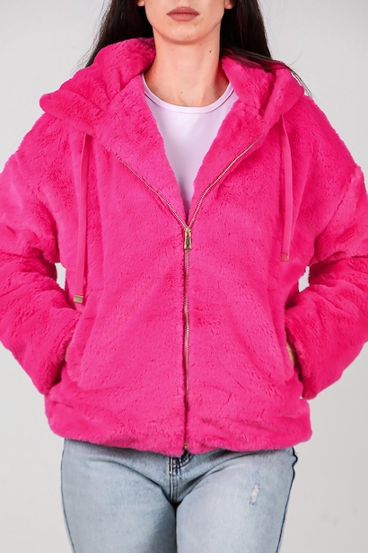 Kadın Etek Ucu Lastikli Kapşonlu Peluş Mont  Fuşya 6