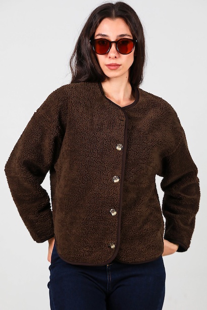 Kadın İçi Polarlı Düğmeli Peluş Ceket 