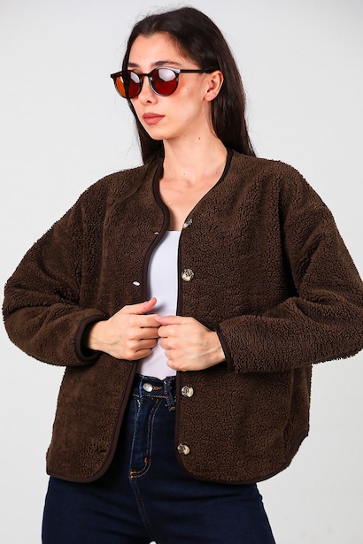 Kadın İçi Polarlı Düğmeli Peluş Ceket  Kahverengi 6