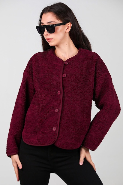 Kadın İçi Polarlı Düğmeli Peluş Ceket  Bordo 6