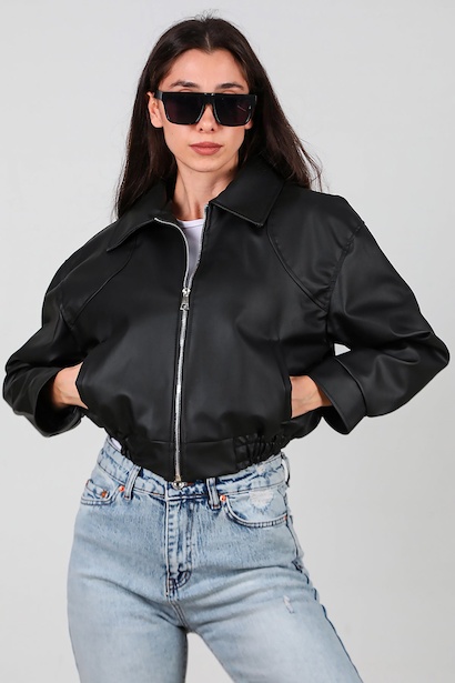 Kadın Bel Lastikli Deri Ceket 