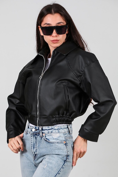 Kadın Bel Lastikli Deri Ceket  Siyah 6