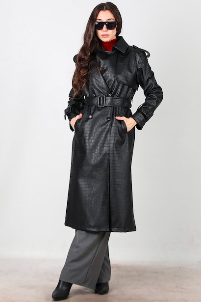 Kadın Kuşaklı Timsah Desen Uzun Deri Kaban  Siyah 6