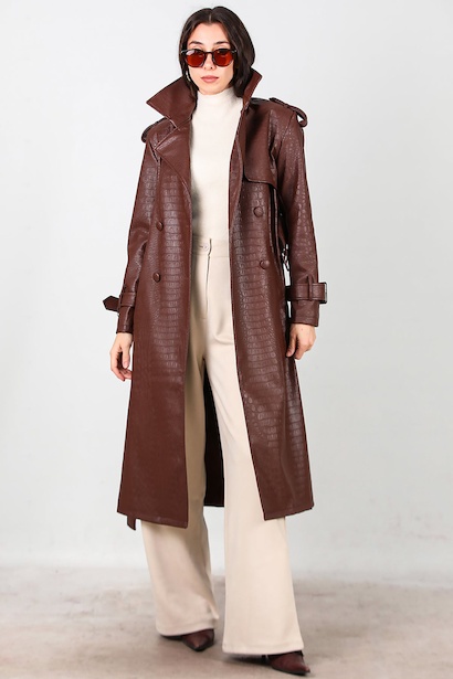 Kadın Kuşaklı Timsah Desen Uzun Deri Kaban 