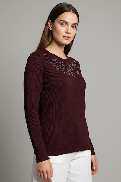 Büyük Beden Çiçek Taş İşlemeli Bluz 