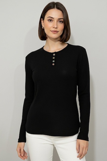 Büyük Beden Önü Renkli Düğmeli Triko Bluz 