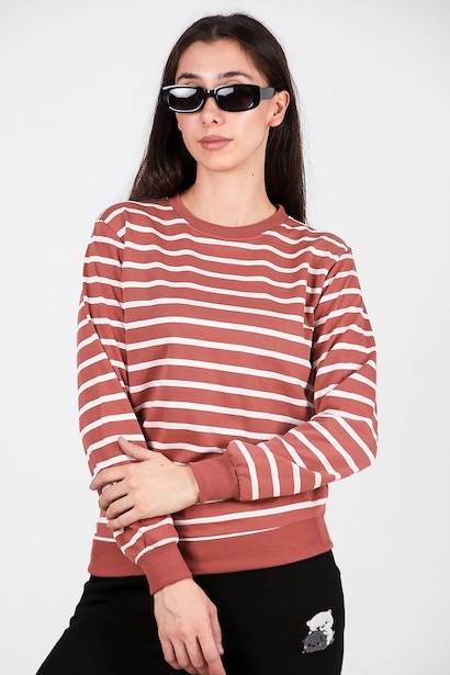 Kadın Çizgili Bisiklet Yaka Sweet  Gül Kurusu 6