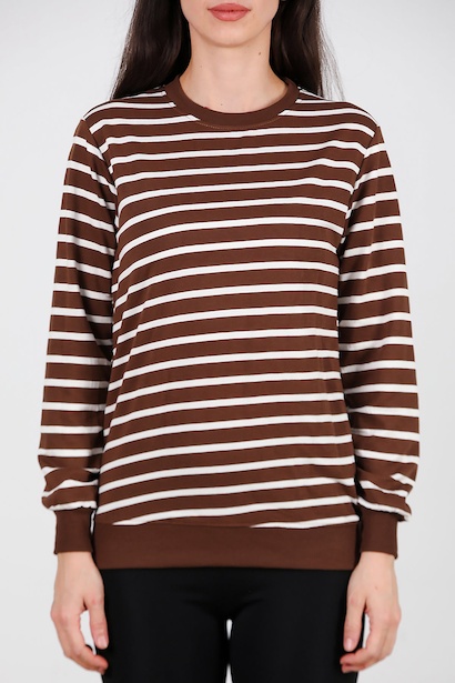 Kadın Çizgili Bisiklet Yaka Sweet  Taba 6