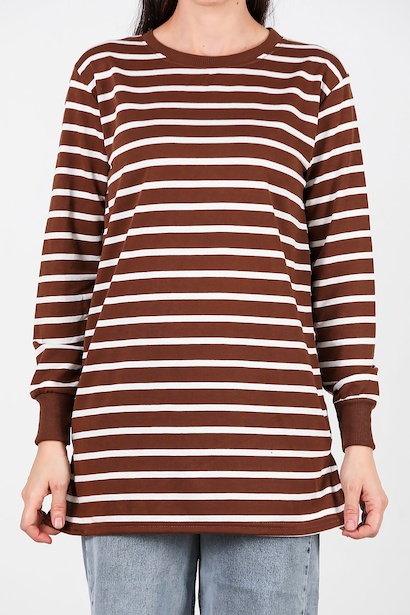 Kadın Yanı Yırtmaçlı Çizgili Tunik  Taba 6