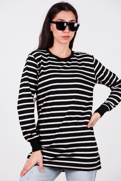 Kadın Yanı Yırtmaçlı Çizgili Tunik 