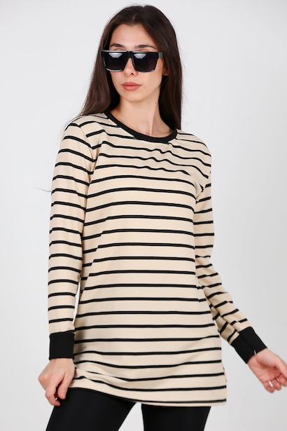 Kadın Yanı Yırtmaçlı Çizgili Tunik 