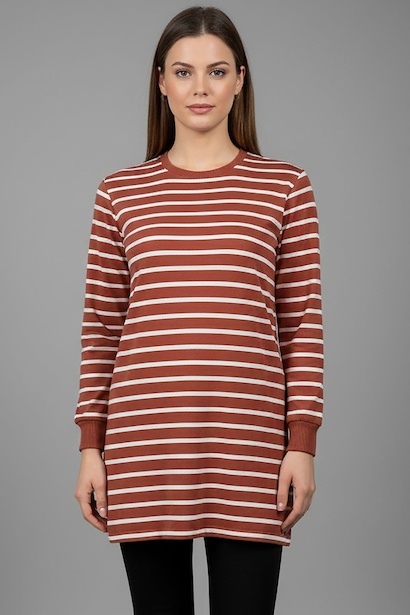 Büyük Beden Yan Yırtmaçlı Bisiklet Yaka Çizgili Tunik 