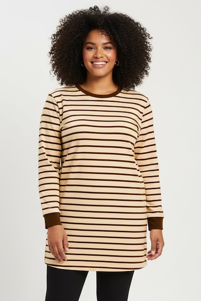 Büyük Beden Yan Yırtmaçlı Bisiklet Yaka Çizgili Tunik 