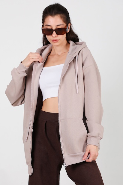 Kadın Kapşonlu Fermuarlı Oversize Üç İplik Sweat  Vizon