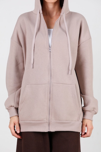Kadın Kapşonlu Fermuarlı Oversize Üç İplik Sweat  Vizon 6