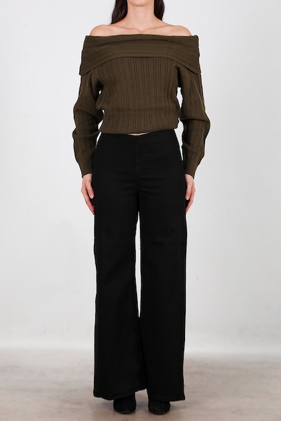 Kadın Bel Lastikli Bol Paça Kot Pantolon  Siyah 6