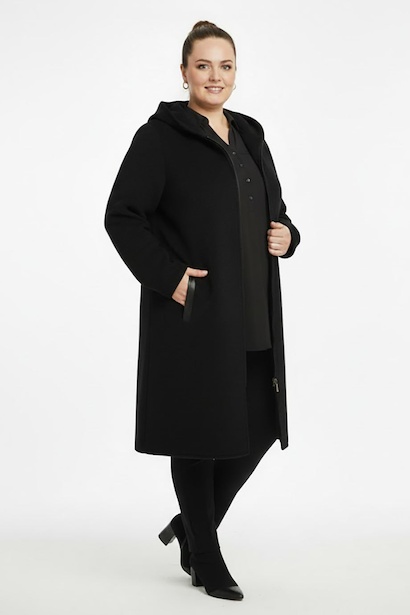 Büyük Beden Ön Fermuarlı Kapşonlu Kaban 