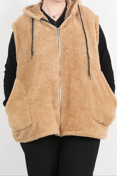 Büyük Beden Fermuarlı Kapşonlu Peluş Yelek 