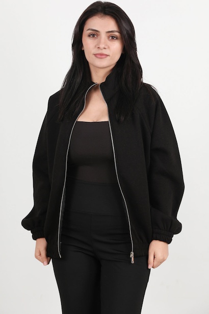Kadın Ön Fermuarlı Dik Yaka Bel Lastikli Ceket 