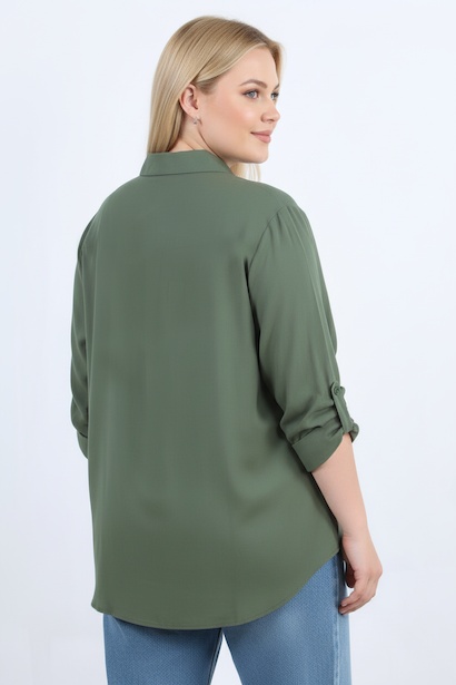 Büyük Beden Kol Katlamalı Gömlek  Haki 4