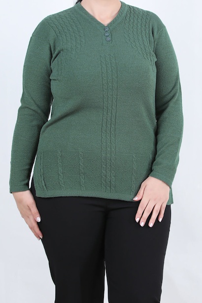 Büyük Beden V Yaka 3 Düğmeli Bluz 