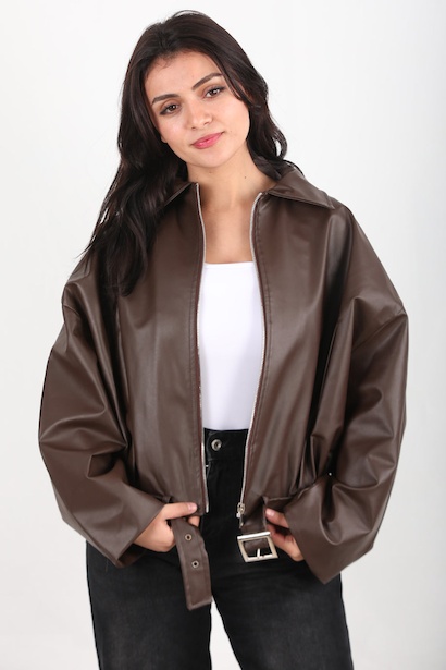 Kadın Bel Kemerli Deri Ceket 