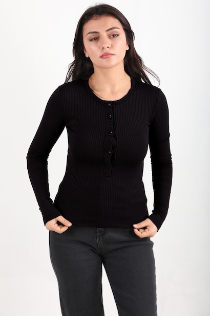 Kadın Ön Düğmeli Kalın Fitilli Bluz 