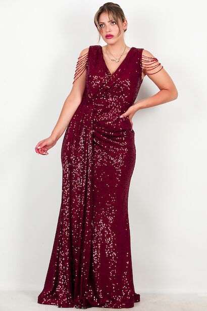 Büyük Beden Omuz Zincir Detay Uzun Pullu Abiye 