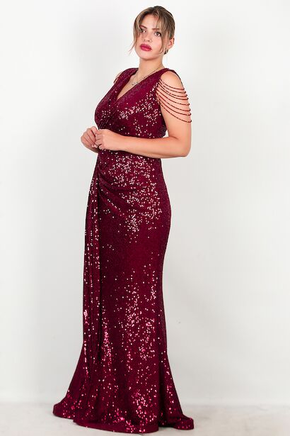 Büyük Beden Omuz Zincir Detay Uzun Pullu Abiye  Bordo 6