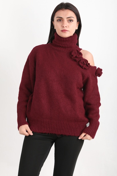 Kadın Omzu Çiçek Detay Triko Kazak 