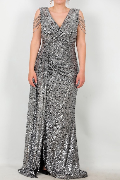 Büyük Beden Omuz Zincir Detay Uzun Pullu Abiye  Gümüş 6