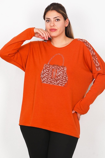 Büyük Beden Ön Çanta Baskılı Uzun Kol Bluz 