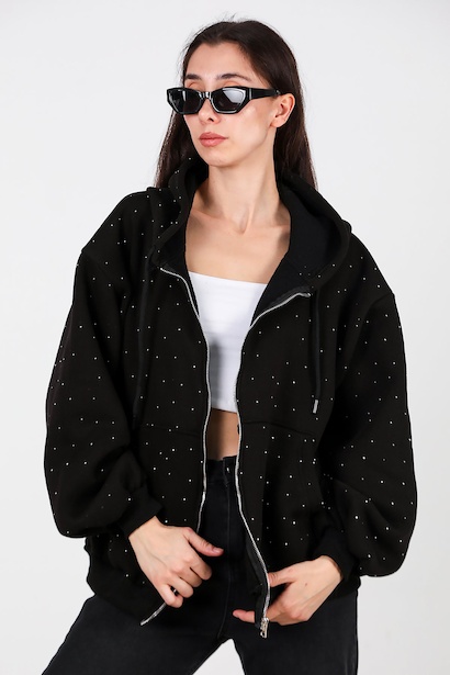 Kadın Taş Detay Kapşonlu Önü Fermuarlı Ceket 