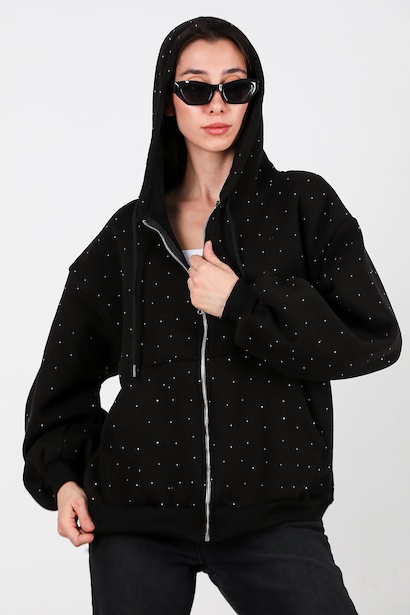 Kadın Taş Detay Kapşonlu Önü Fermuarlı Ceket  Siyah 6