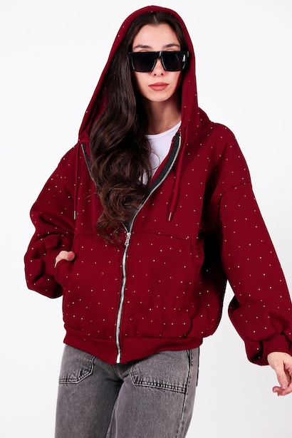 Kadın Taş Detay Kapşonlu Önü Fermuarlı Ceket  Bordo 6