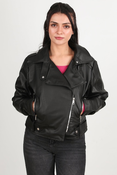 Kadın Çapraz Fermuarlı Deri Ceket 